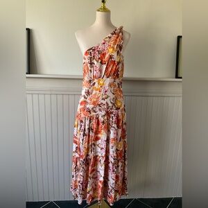 Petal + Pup One Shoulder Floral Midi Dress US 10 AU 14 Orange Pink Tiered